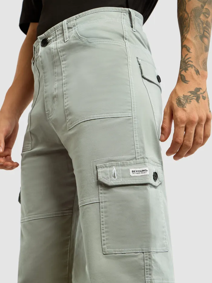 Light Grey Contrast Stitched Cargo Pants