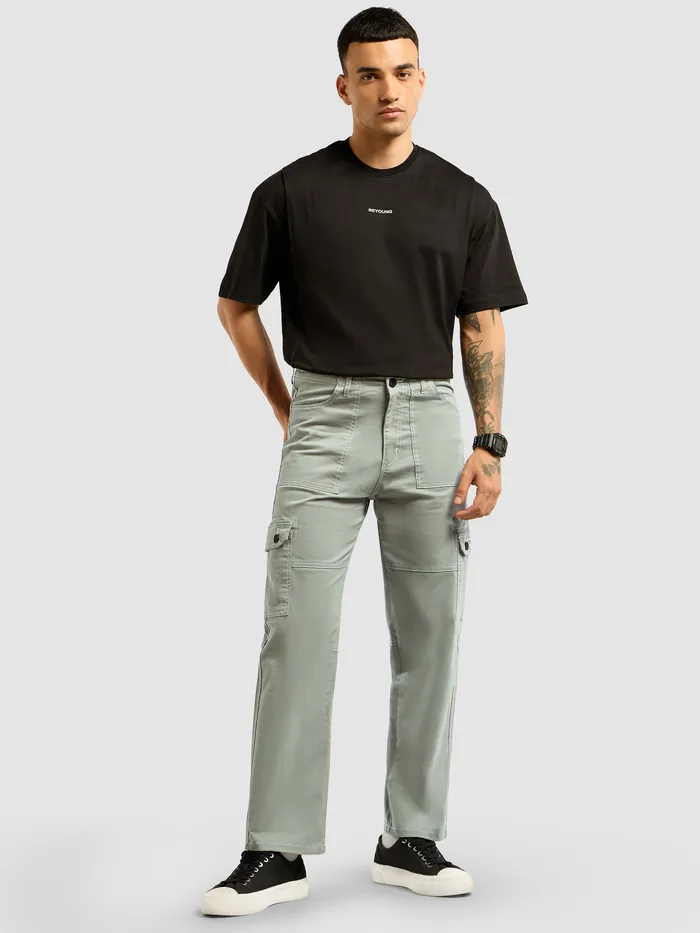 Light Grey Contrast Stitched Cargo Pants