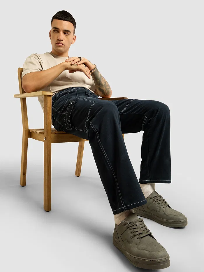Navy Blue Contrast Stitched Cargo Pants
