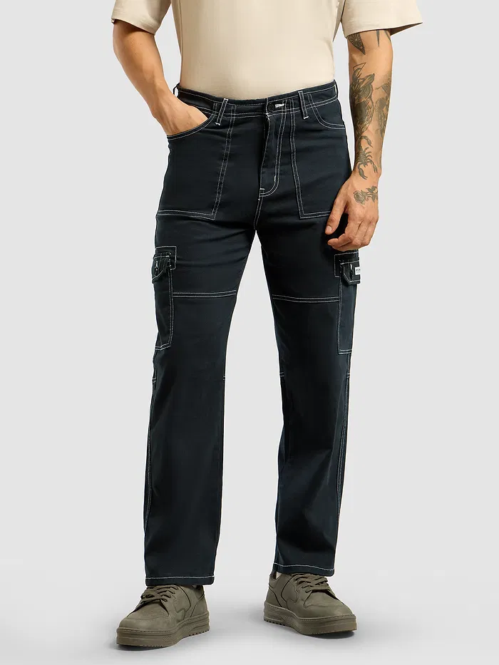 Navy Blue Contrast Stitched Cargo Pants