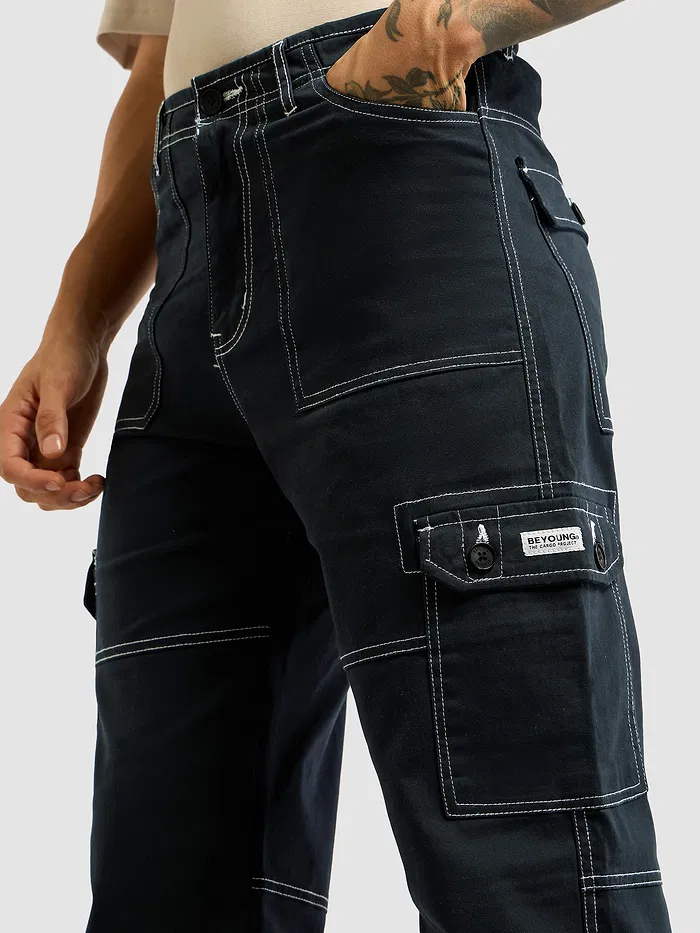 Navy Blue Contrast Stitched Cargo Pants