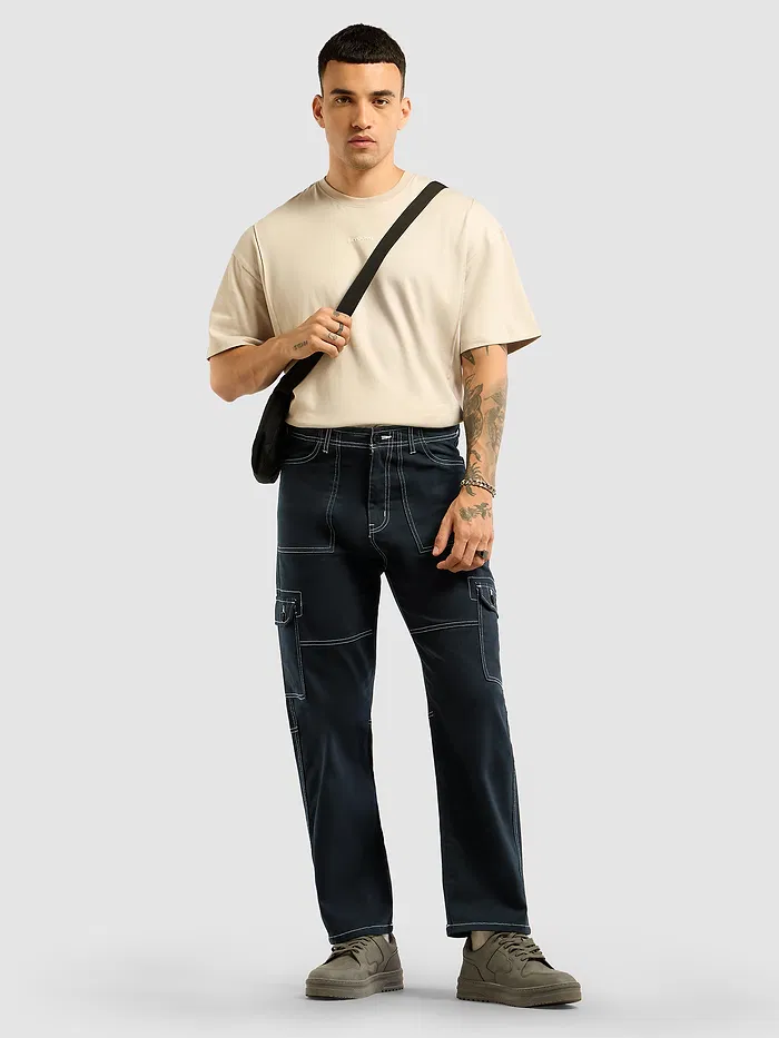 Navy Blue Contrast Stitched Cargo Pants