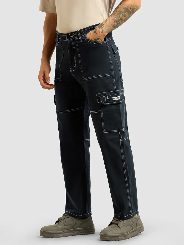 Navy Blue Contrast Stitched Cargo Pants