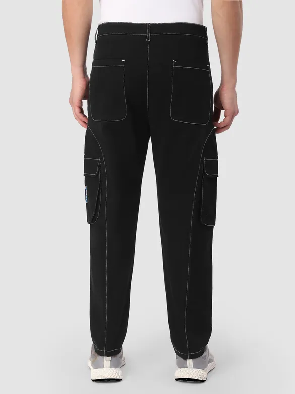 Black Cut And Sew Contrast Stitch Cargo Pants