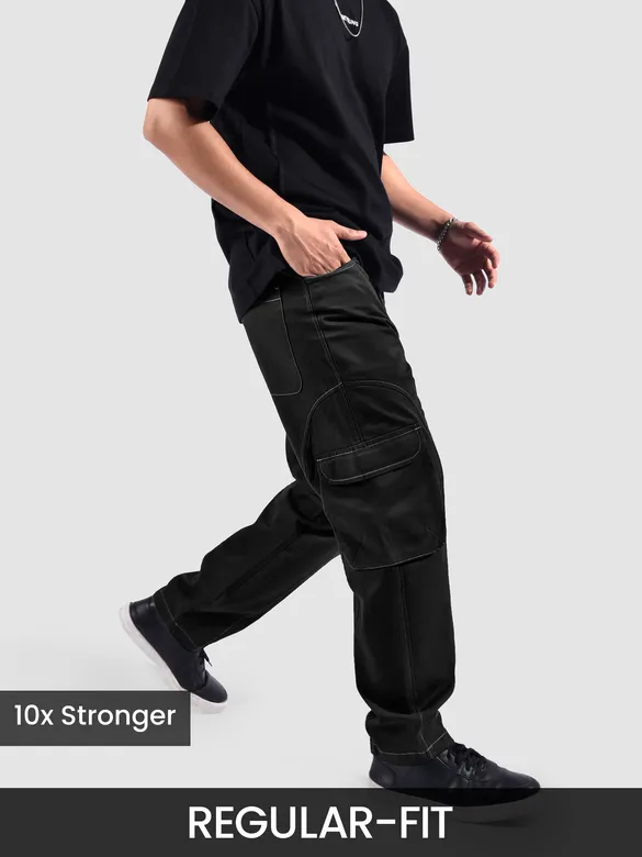 Black Cut And Sew Contrast Stitch Cargo Pants