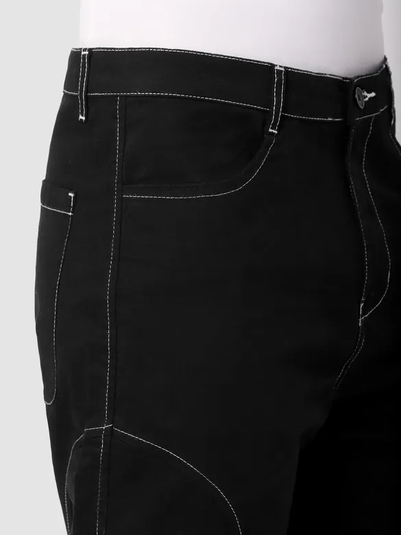 Black Cut And Sew Contrast Stitch Cargo Pants