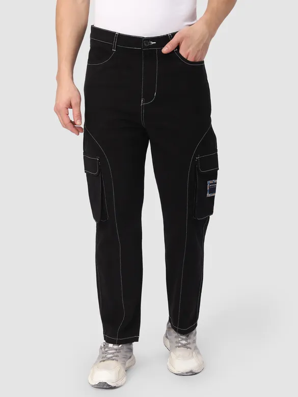 Black Cut And Sew Contrast Stitch Cargo Pants