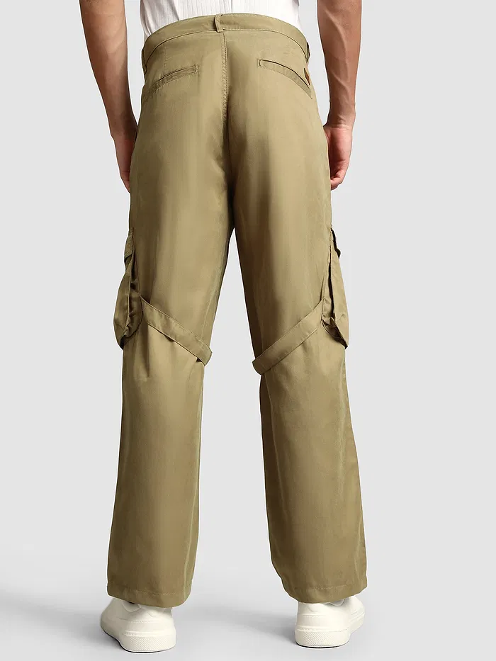Khaki Leather Drill Belted Cargo Pants