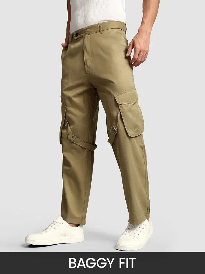 Khaki Leather Drill Belted Cargo Pants
