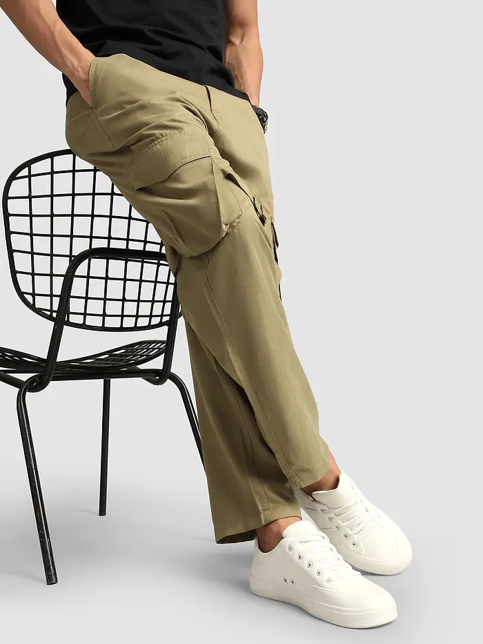 Khaki Leather Drill Belted Cargo Pants