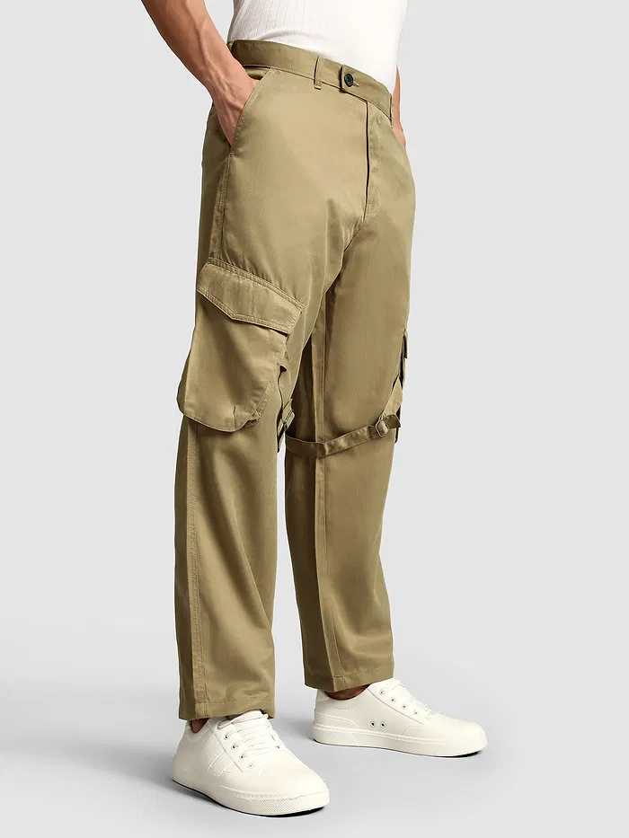Khaki Leather Drill Belted Cargo Pants