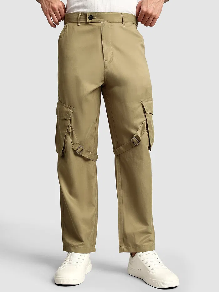 Khaki Leather Drill Belted Cargo Pants