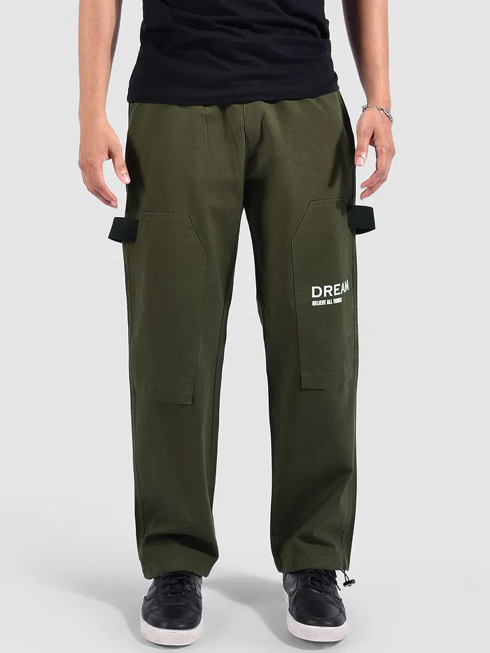 Olive Green Tape Detailed Cargo Pants