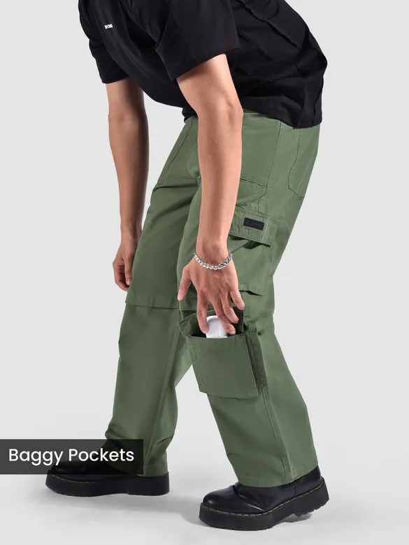 Sage Green Pleated Knee Cargo Pants