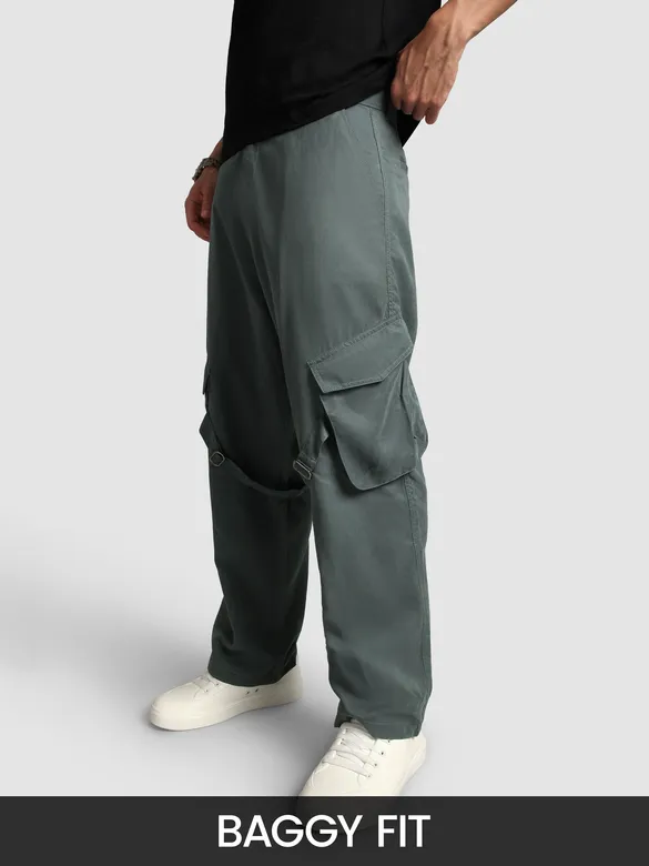 Stone Grey Leather Drill Belted Cargo Pants