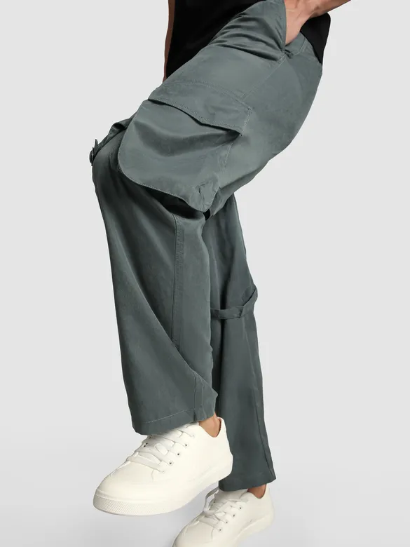 Stone Grey Leather Drill Belted Cargo Pants