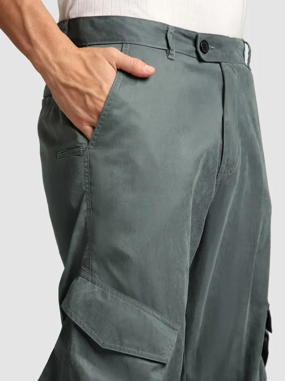 Stone Grey Leather Drill Belted Cargo Pants