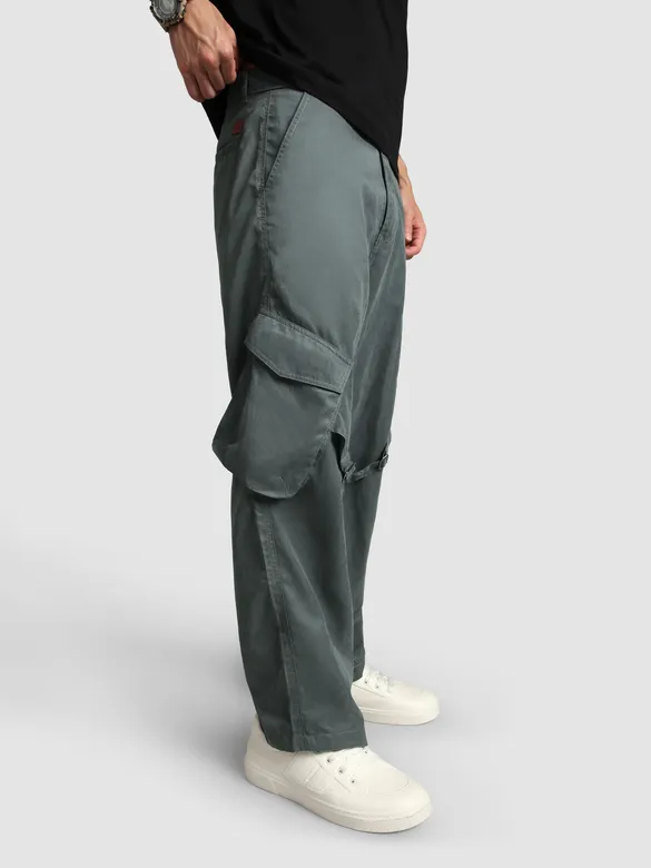Stone Grey Leather Drill Belted Cargo Pants