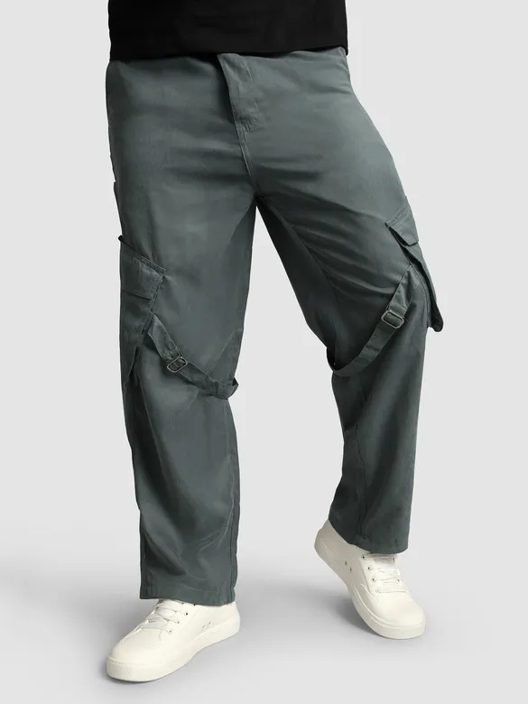 Stone Grey Leather Drill Belted Cargo Pants