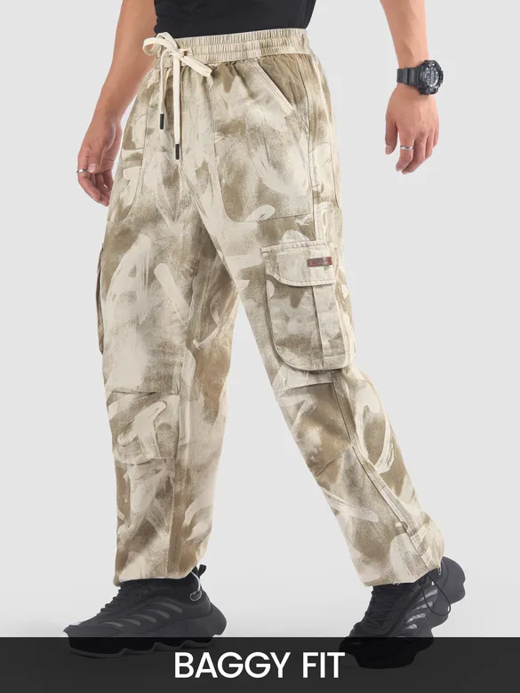 Beige Oversized Camo Cargo Pants