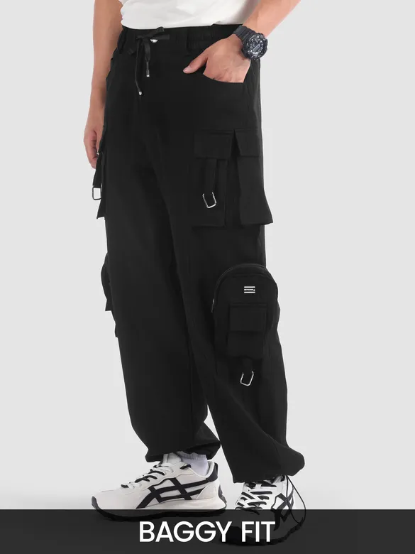 Black 11 Pocket Buckle Cargo Pants