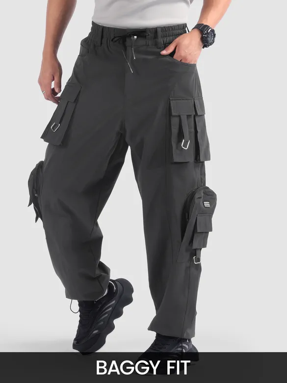 Dark Grey 11 Pocket Buckle Cargo Pants