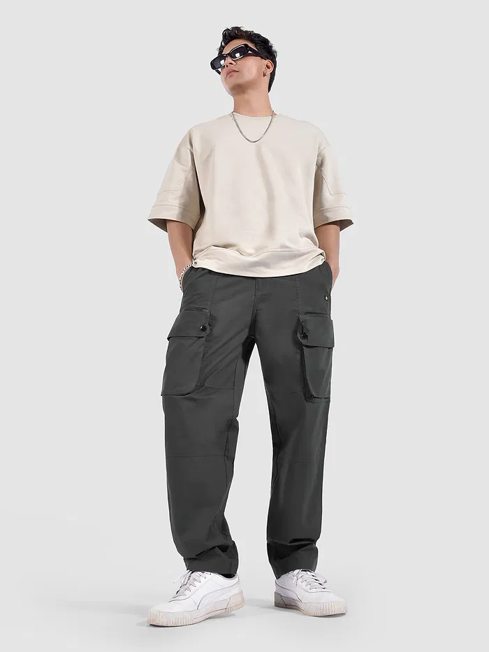 Dark Grey Elasticated Drawcord Cargo Pants