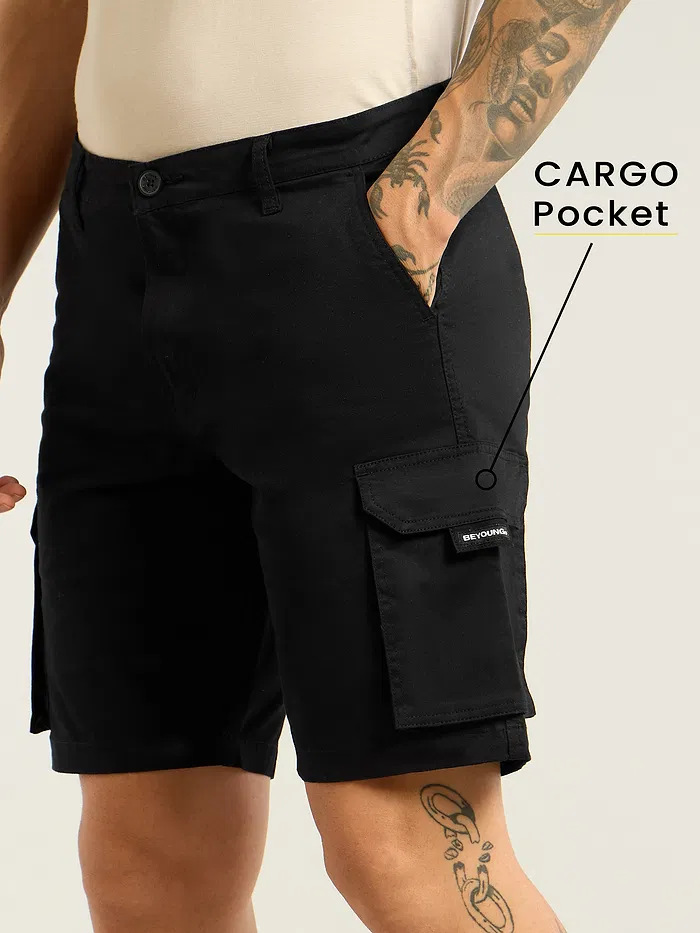 Black 5 Pockets Cargo Shorts