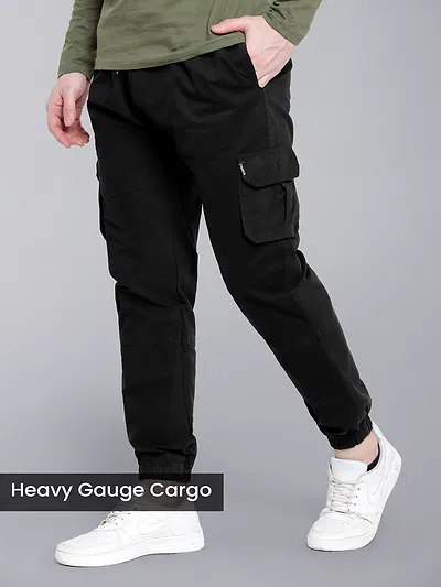 buy black jogger pants for men in cotton fabric with multiple pockets and regular fit, 