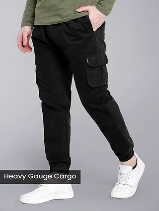 buy black jogger pants for men in cotton fabric with multiple pockets and regular fit, 