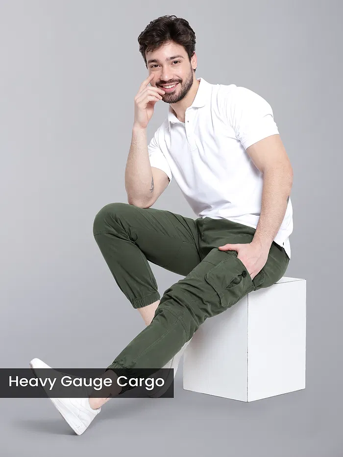 buy green cargo joggers for men in cotton twill lycra with 4 pockets outdoor-ready, 