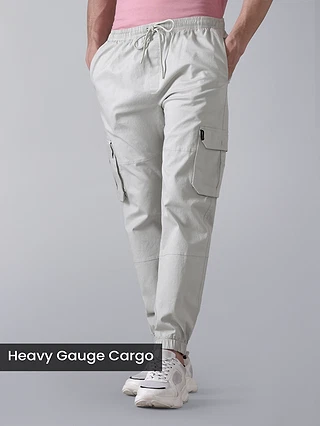 buy grey cargo joggers for men in cotton twill lycra with 4 pockets and regular fit for street style, 