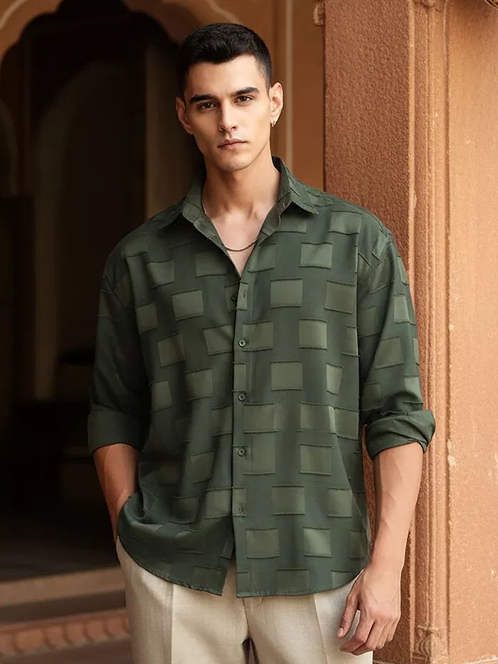 Olive Fur Geometric Textured Shirt