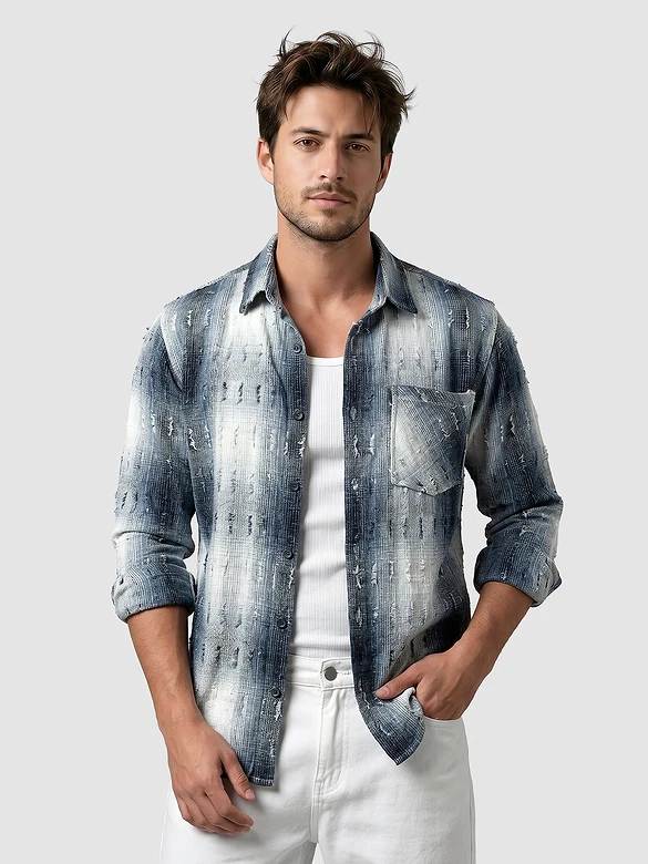 Blue Frayed Check Shirt