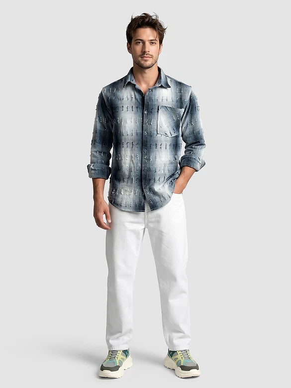Blue Frayed Check Shirt