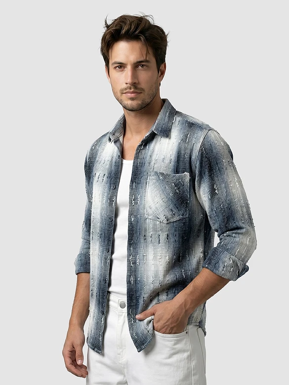 Blue Frayed Check Shirt