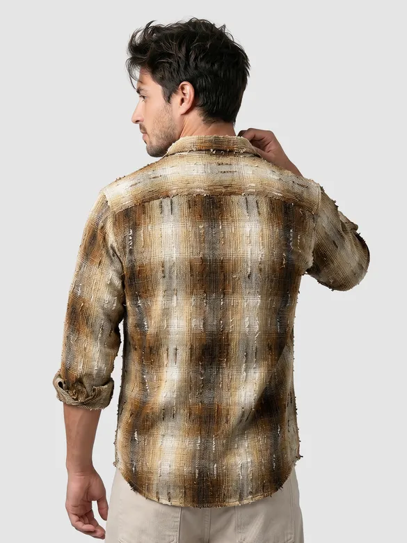 Brown Frayed Check Shirt