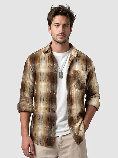 Brown Frayed Check Shirt