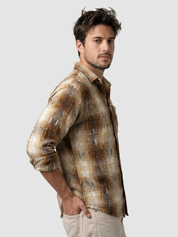 Brown Frayed Check Shirt