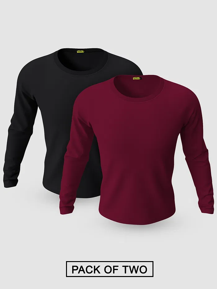 Pack of 2-Plain Full Sleeve T-shirt Combo Black And Burgundy