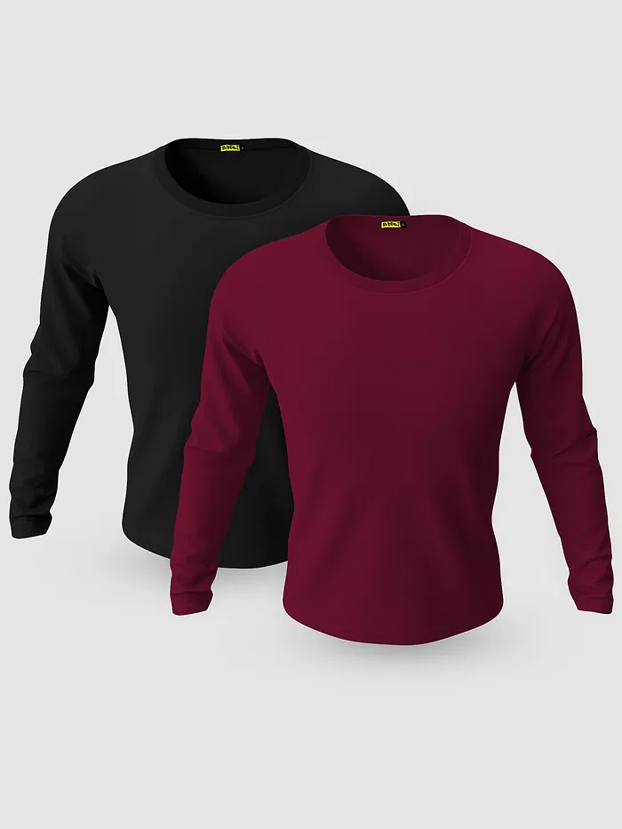Pack of 2-Plain Full Sleeve T-shirt Combo Black And Burgundy
