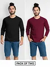 Pack of 2-Plain Full Sleeve T-shirt Combo Black And Burgundy