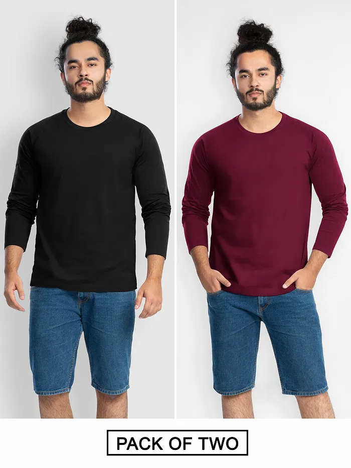 Pack of 2-Plain Full Sleeve T-shirt Combo Black And Burgundy