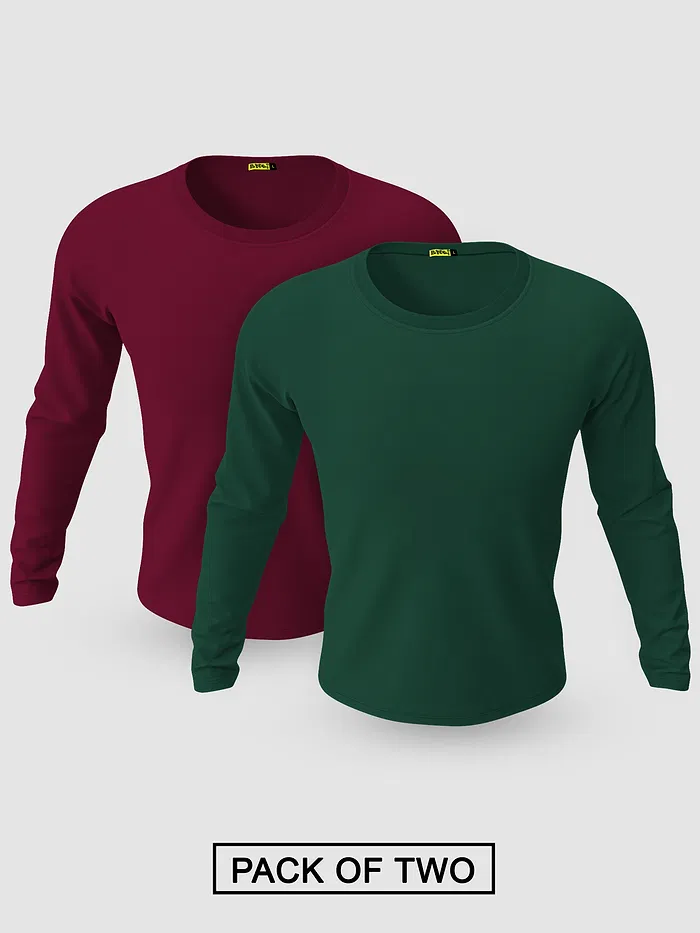 Pack of 2-Plain Full Sleeve T-shirt Combo Burgundy And Bottle Green