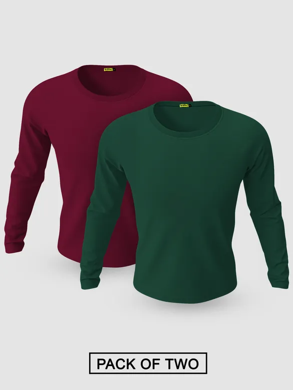 Pack of 2-Plain Full Sleeve T-shirt Combo Burgundy And Bottle Green