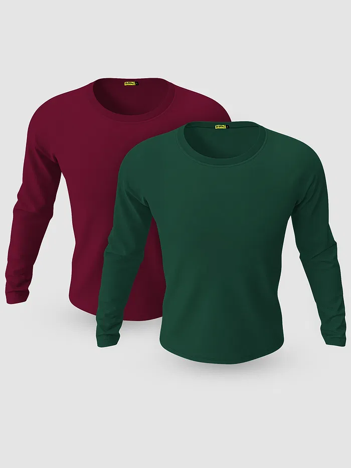 Pack of 2-Plain Full Sleeve T-shirt Combo Burgundy And Bottle Green
