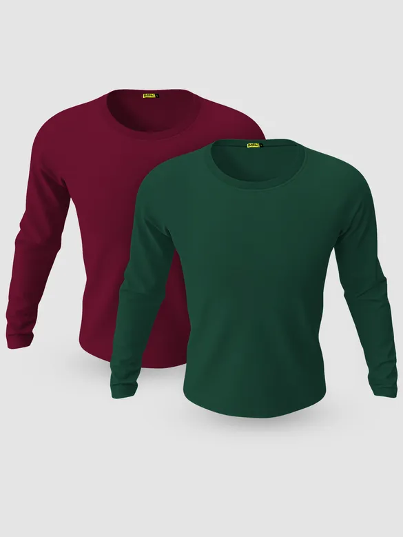 Pack of 2-Plain Full Sleeve T-shirt Combo Burgundy And Bottle Green