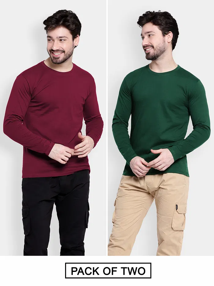Pack of 2-Plain Full Sleeve T-shirt Combo Burgundy And Bottle Green