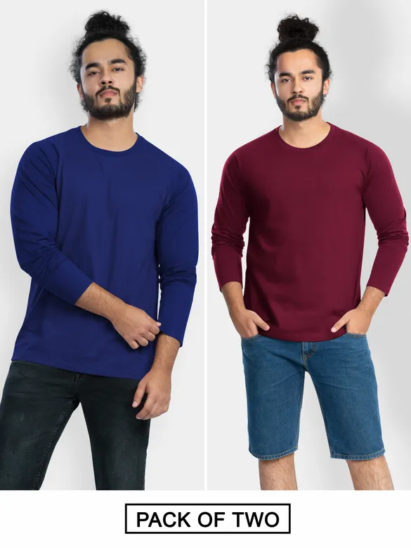 Pack of 2-Plain Full Sleeve T-shirt Combo Navy Blue And Burgundy