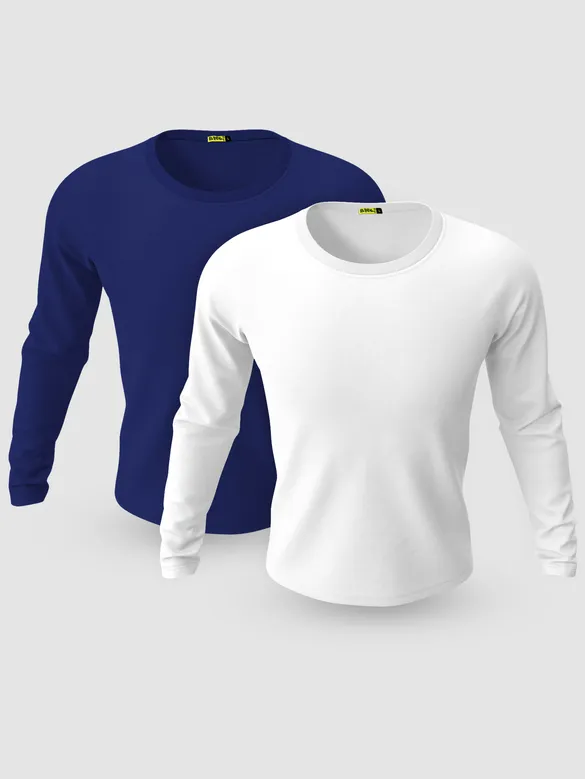 Pack of 2-Plain Full Sleeve T-shirt Combo Navy Blue And White